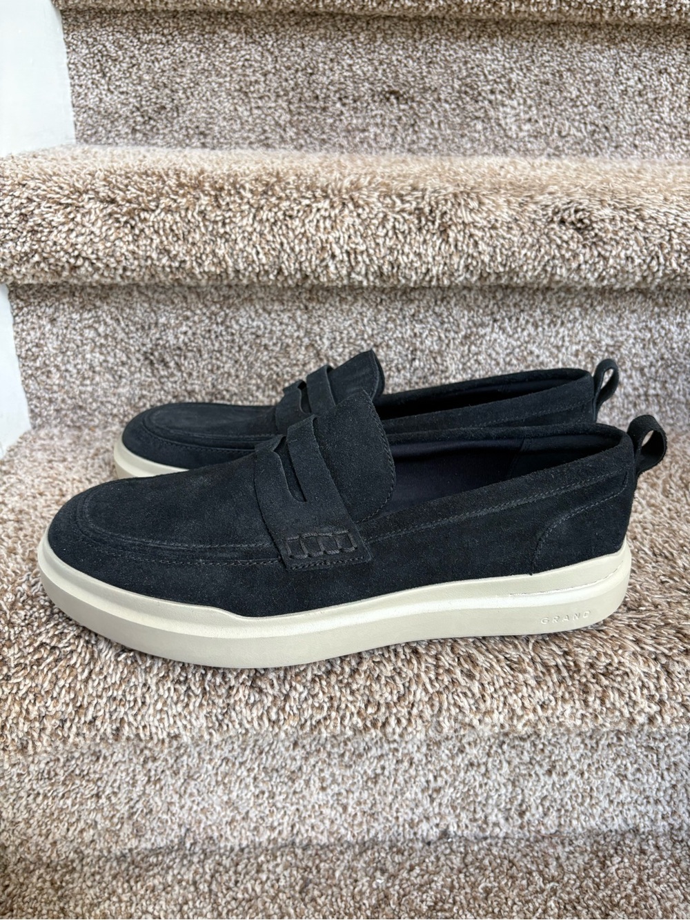 Cole Haan Men's Black Suede Slip-On Penny Loafers with Cream Sole